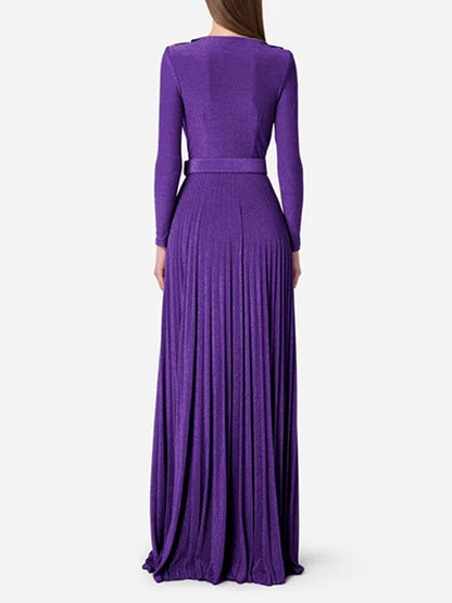 Tinaa Women Evening Dresses Belted Pleated Solid Color Split-side Long Sleeves Wrap V-neck Maxi Dresses for Ladies Party Dress