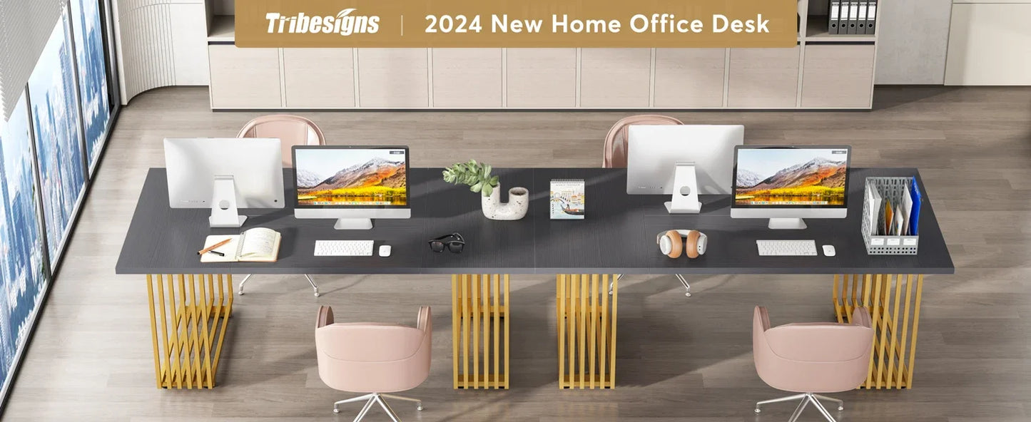 70.9" Modern Executive Desk, Wood Office Desk, Grey Simple Computer Desk with Gold Metal Legs, Large Workstation Busi