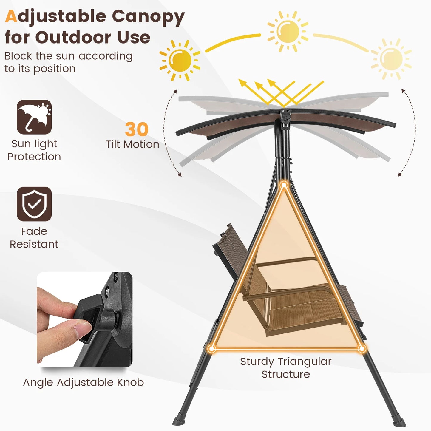 GOFLAME 2 Seat Outdoor Porch Swing, Swing Glider with Spring Hook, Soft Cushions, Foot Pad