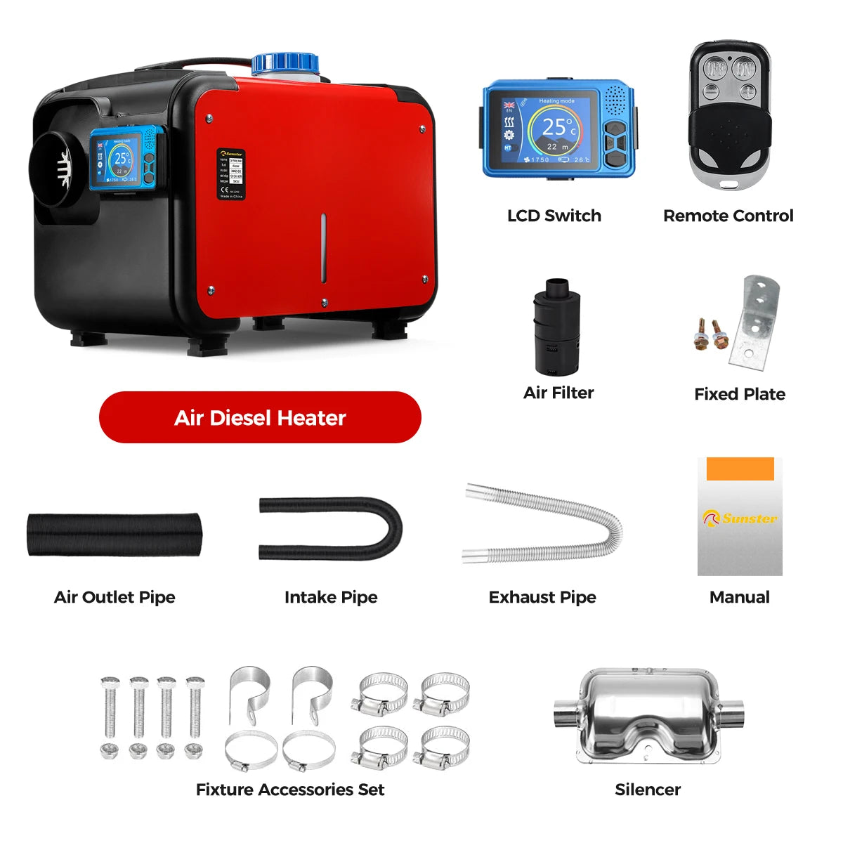 Sunster 8KW Diesel Air Heater All in One 12V Universal Car Parking Heater LCD  Remote Control  For Car Trailer Truck