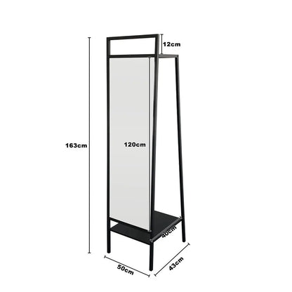 Black Metal Floor Mirror with Coat Rack For Bedroom Office 43cm W x 50cm D x 163cm H