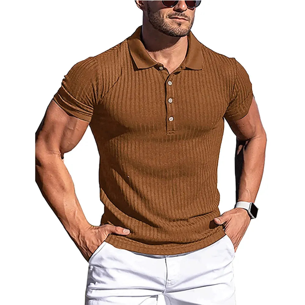 Polo Men Solid Stripe Fitness Elasticity Shirt