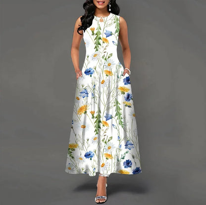 Flower Print New Casual Sleeveless Long Dress