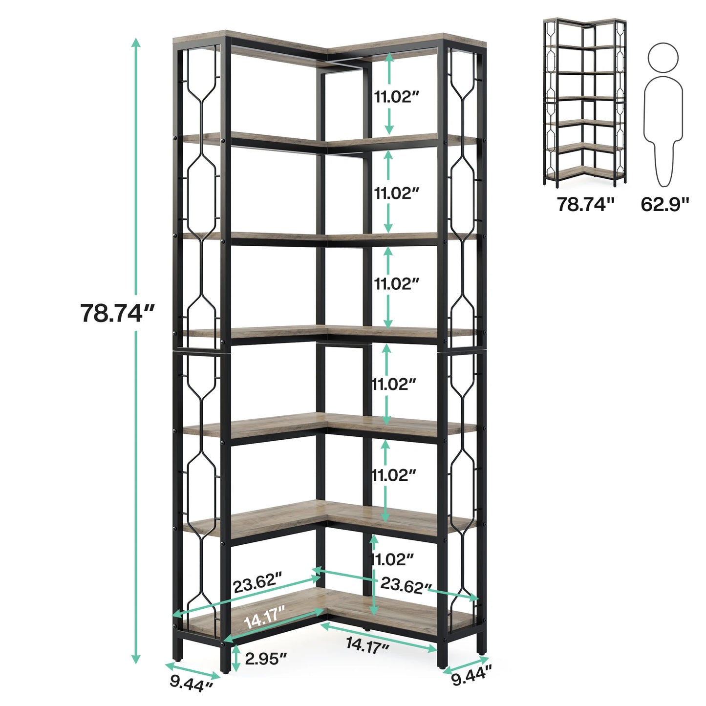 7-Shelf Corner Bookshelf,Large Modern Corner Bookcase, 7-Tier Tall Corner Shelf Storage Display Rack with Metal Frame