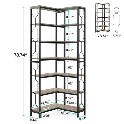 7-Shelf Corner Bookshelf,Large Modern Corner Bookcase, 7-Tier Tall Corner Shelf Storage Display Rack with Metal Frame