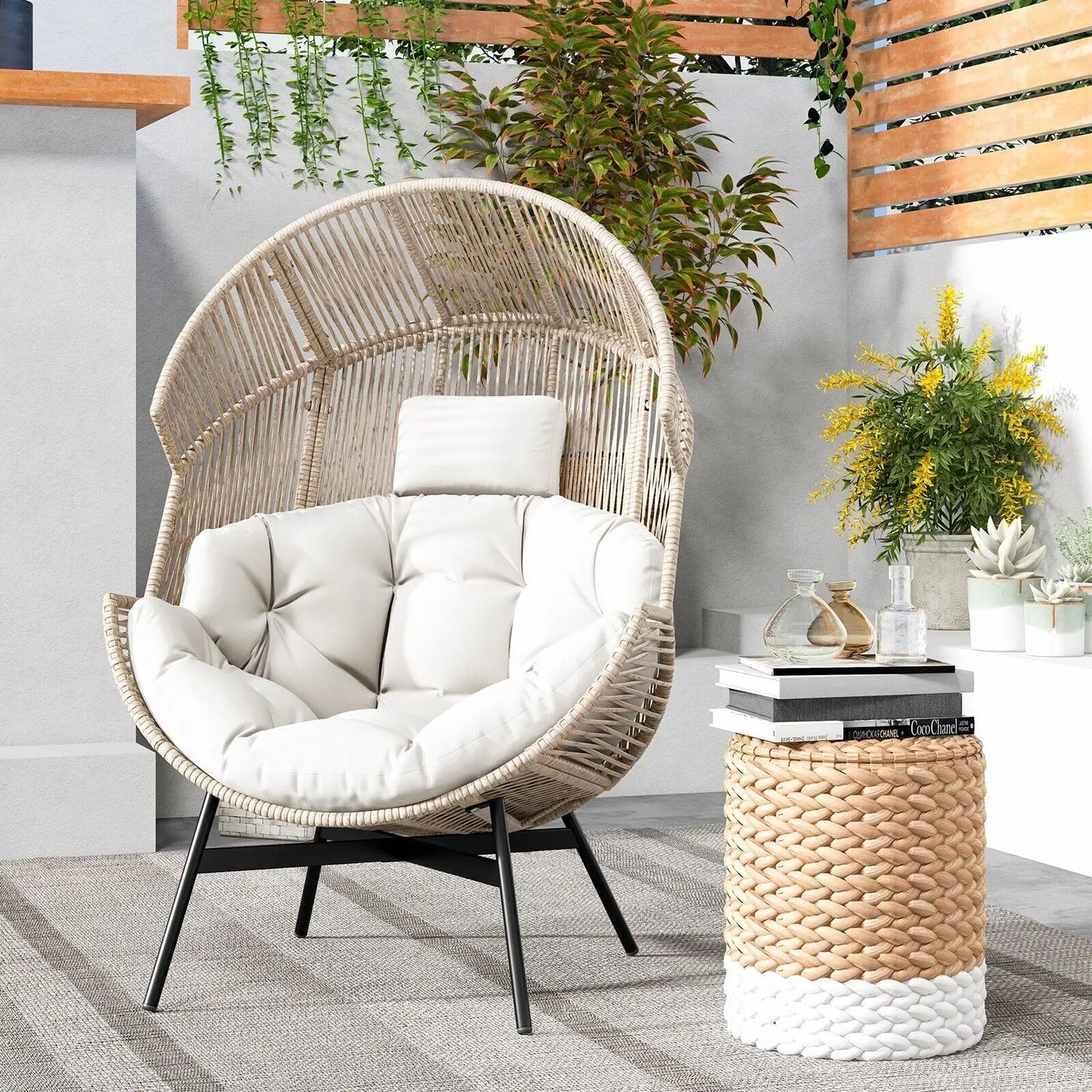 GOFLAME Oversized Egg Style Chair Wicker Stationary Patio Egg Chair w/ Cushions