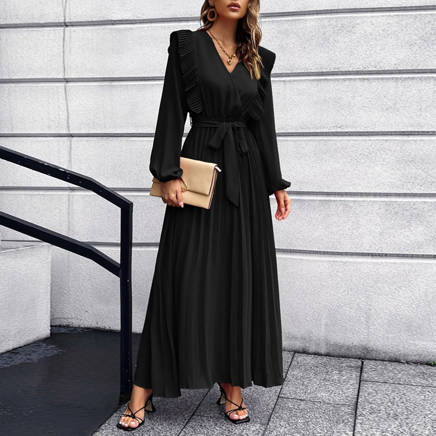 Women Loose Draped Elegant Long Dress Ladies OL Office Vestidos Solid Color Long Sleeve Dress Spring Autumn Clothing Lady Party