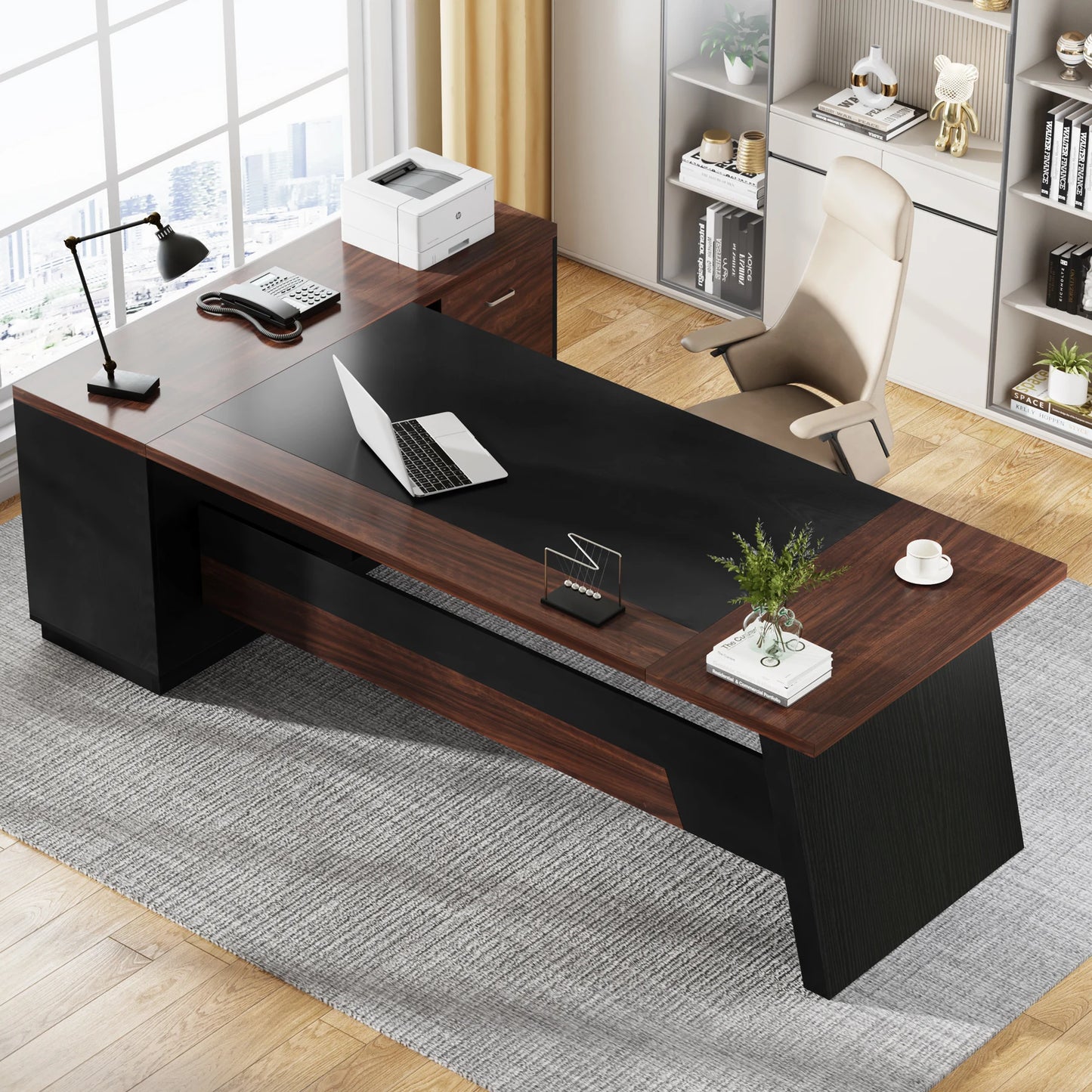 78" L-Shaped Executive Desk Large Office Desk with Drawers and Lateral File Cabinet