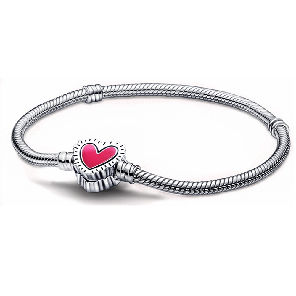 Disney 925 Sterling Silver Bracelet Moments Sparkling Mickey Mouse Heart Clasp Snake Chain Bracelet for Women DIY Charms Beads