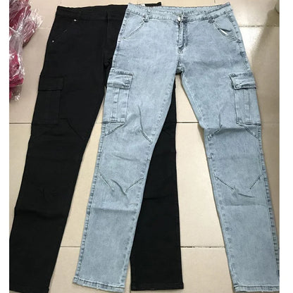 Jeans Men Pants Wash Solid Color Multi Pockets