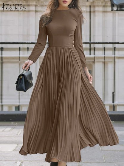 ZANZEA O Neck Plisse Maxi Dress Elegant High Waist Long Sleeve 2024 Fall Pleated Dress Women Commute Fashion A-line Vestidos