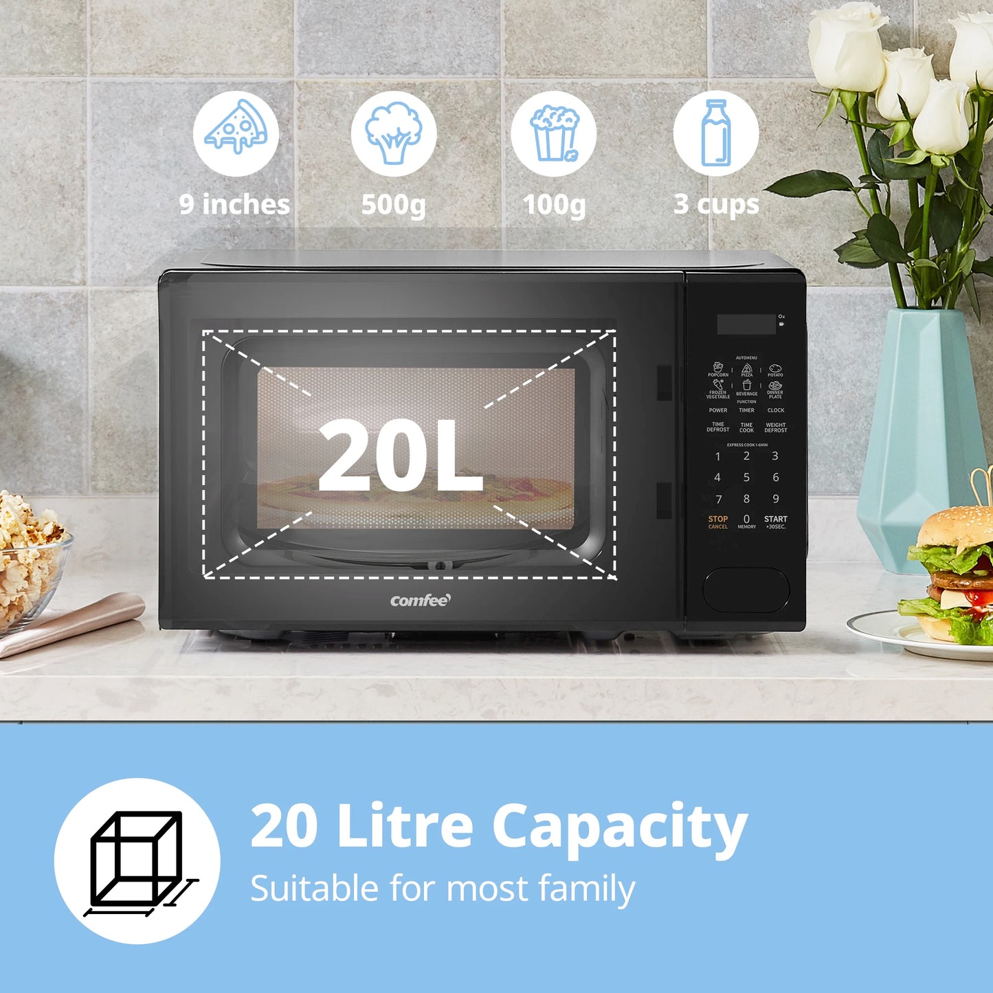 COMFEE 700w 20 Litre Digital Microwave Oven with 6 Cooking Presets, Express Cook, 11 Power Levels, Defrost, and Memory Function