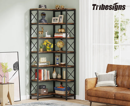 7-Shelf Corner Bookshelf,Large Modern Corner Bookcase, 7-Tier Tall Corner Shelf Storage Display Rack with Metal Frame