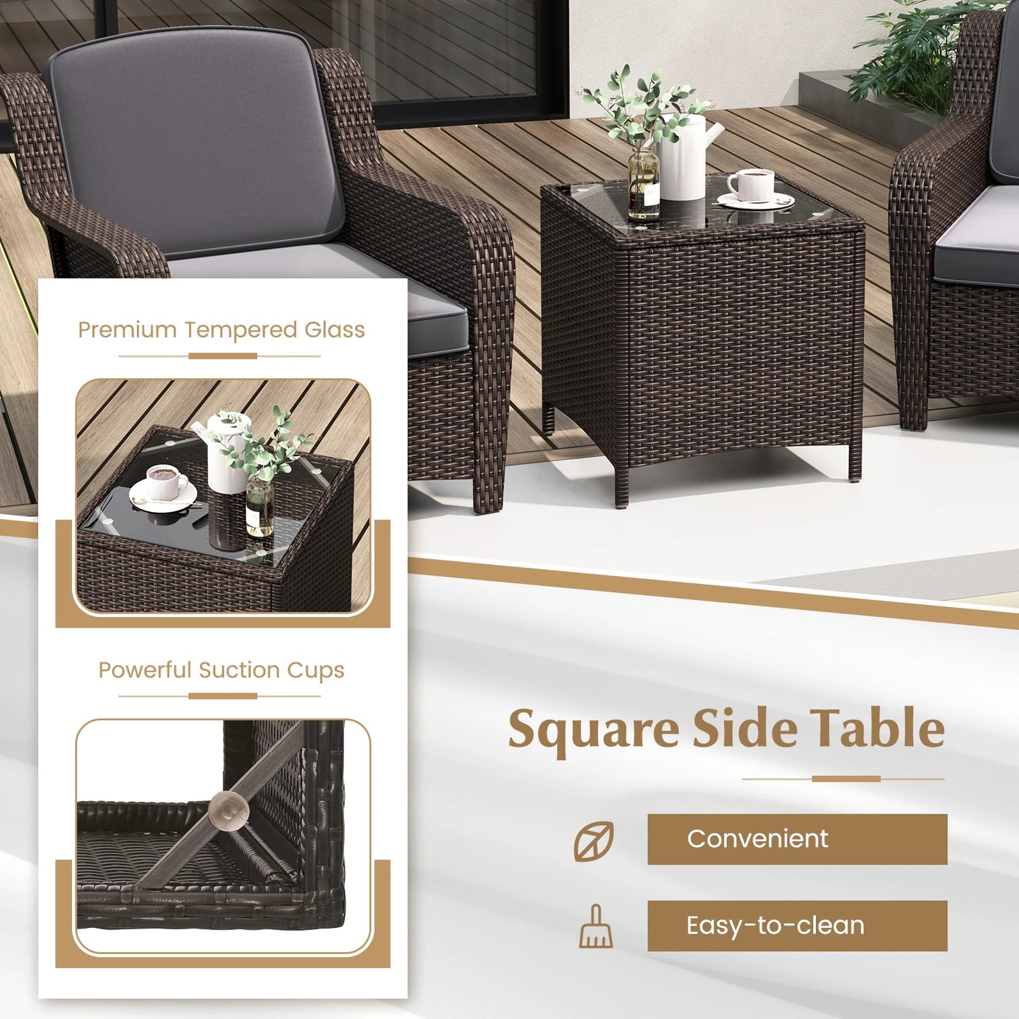 GOFLAME 3 Pieces Outdoor Patio Furniture Set, PE Rattan Wicker Chairs with Cushions and Tempered Glass Coffee Table