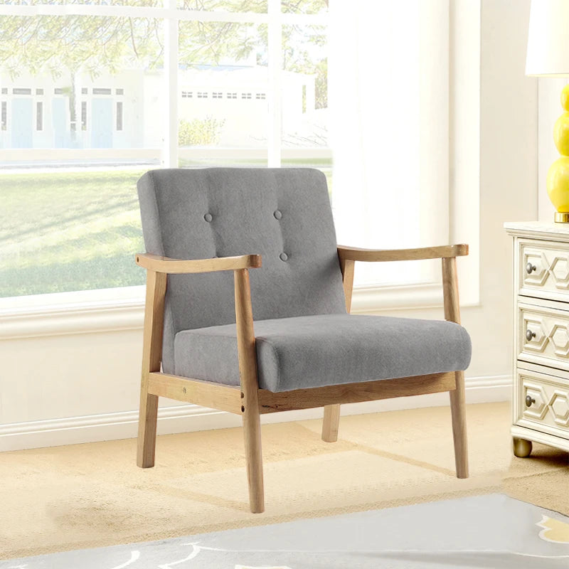 Accent Linen Fabric Buttoned Armchair Wooden Frame
