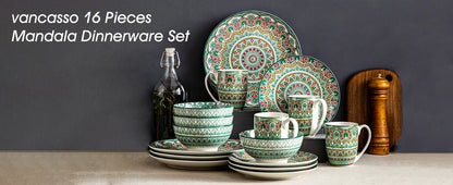 vancasso 16/32/48-PCS Ceremic Plate Porcelain Dinnerware Set Bohemian Mandala Patterned with Dinner Plate,Dessert Plate,Bowl,Mug