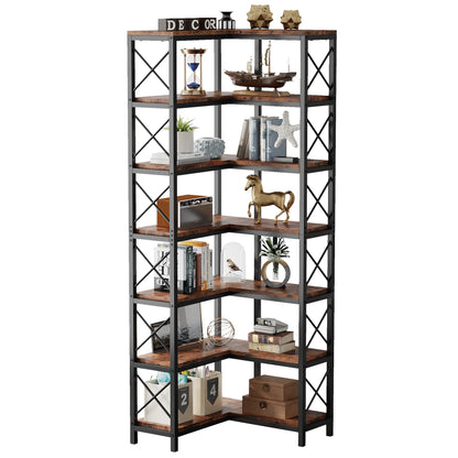 7-Shelf Corner Bookshelf,Large Modern Corner Bookcase, 7-Tier Tall Corner Shelf Storage Display Rack with Metal Frame