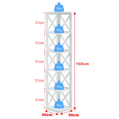 5 Tier Modern Wood Corner Standing Shelf for Living Room, White