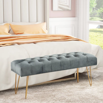 Velvet Buttoned Ottoman Footstool Gold Chrome Legs,Grey