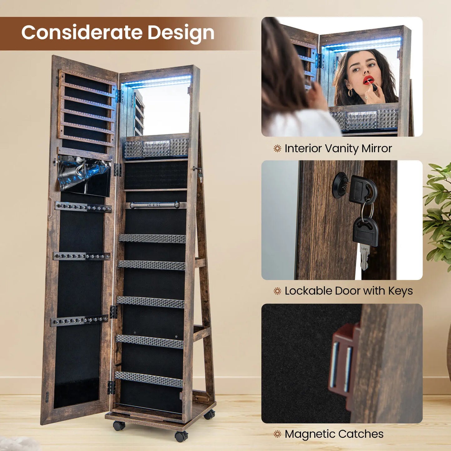 GOFLAME 360° Rotating Jewelry Armoire Full Length Mirrored Freestanding Makeup Cabinet