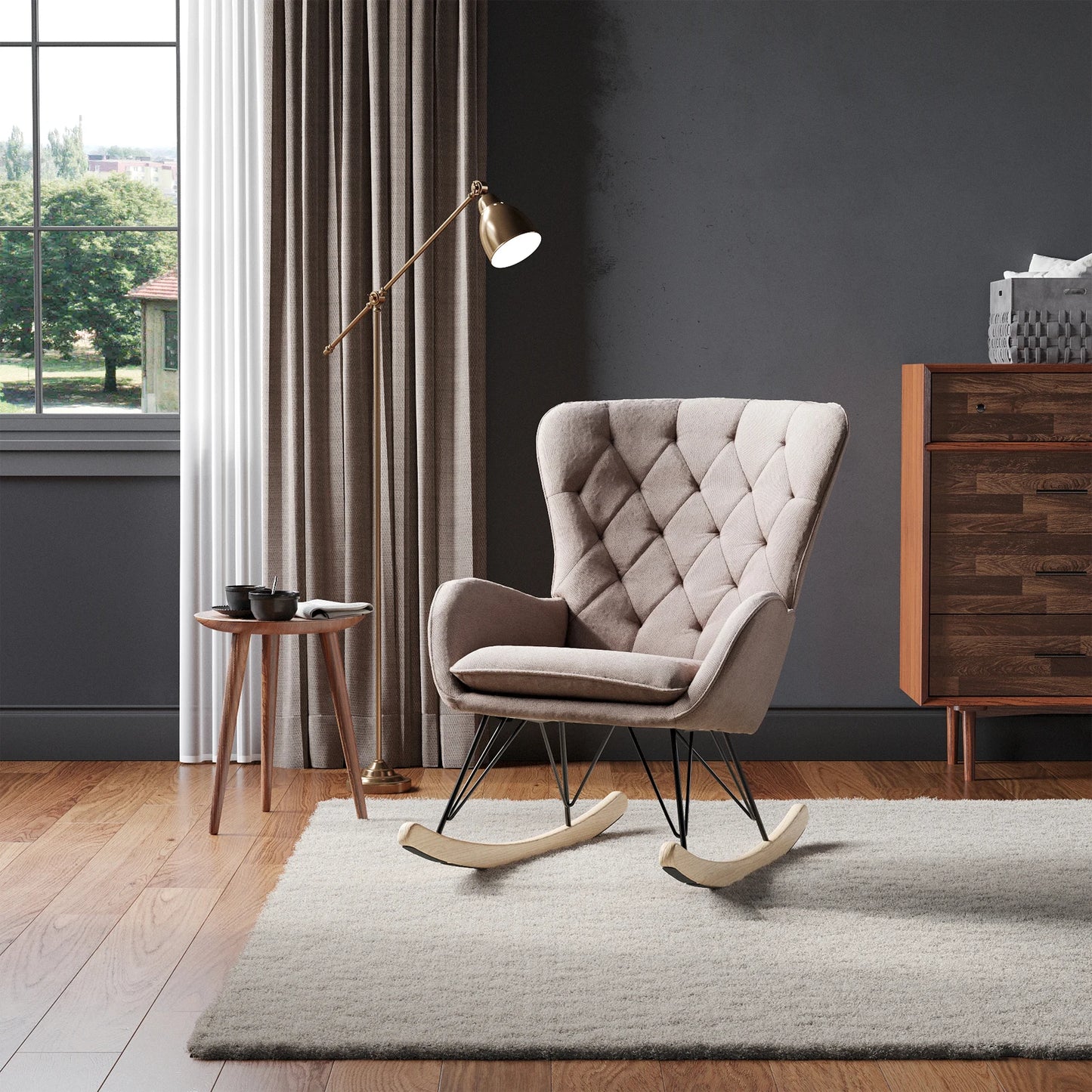 Grey Modern Upholstered Rocking Chair with Rubberwood Runner for Living Room Home Office