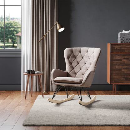 Grey Modern Upholstered Rocking Chair with Rubberwood Runner for Living Room Home Office