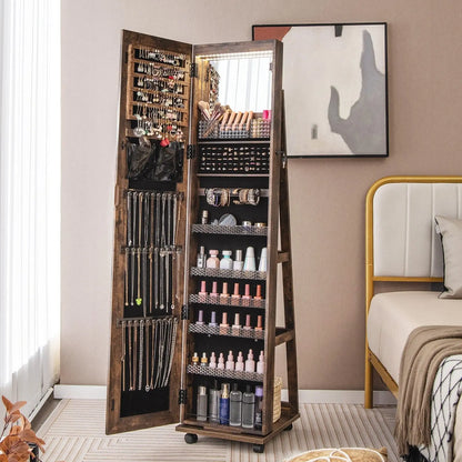 GOFLAME 360° Rotating Jewelry Armoire Full Length Mirrored Freestanding Makeup Cabinet