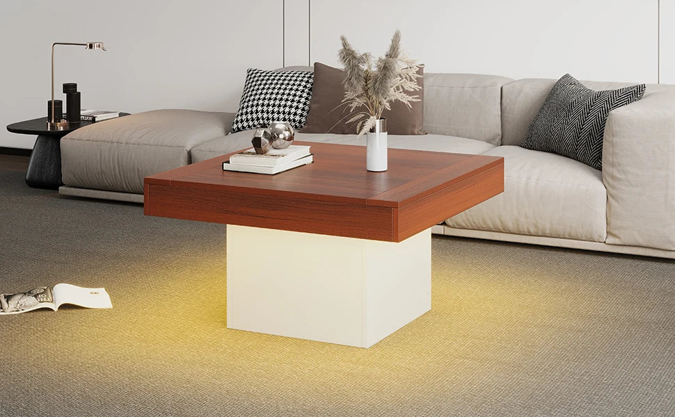 70W *70D*40H cm Coffee Table - Square Wooden Center Table, LED Lights, APP Control, Easy to Clean