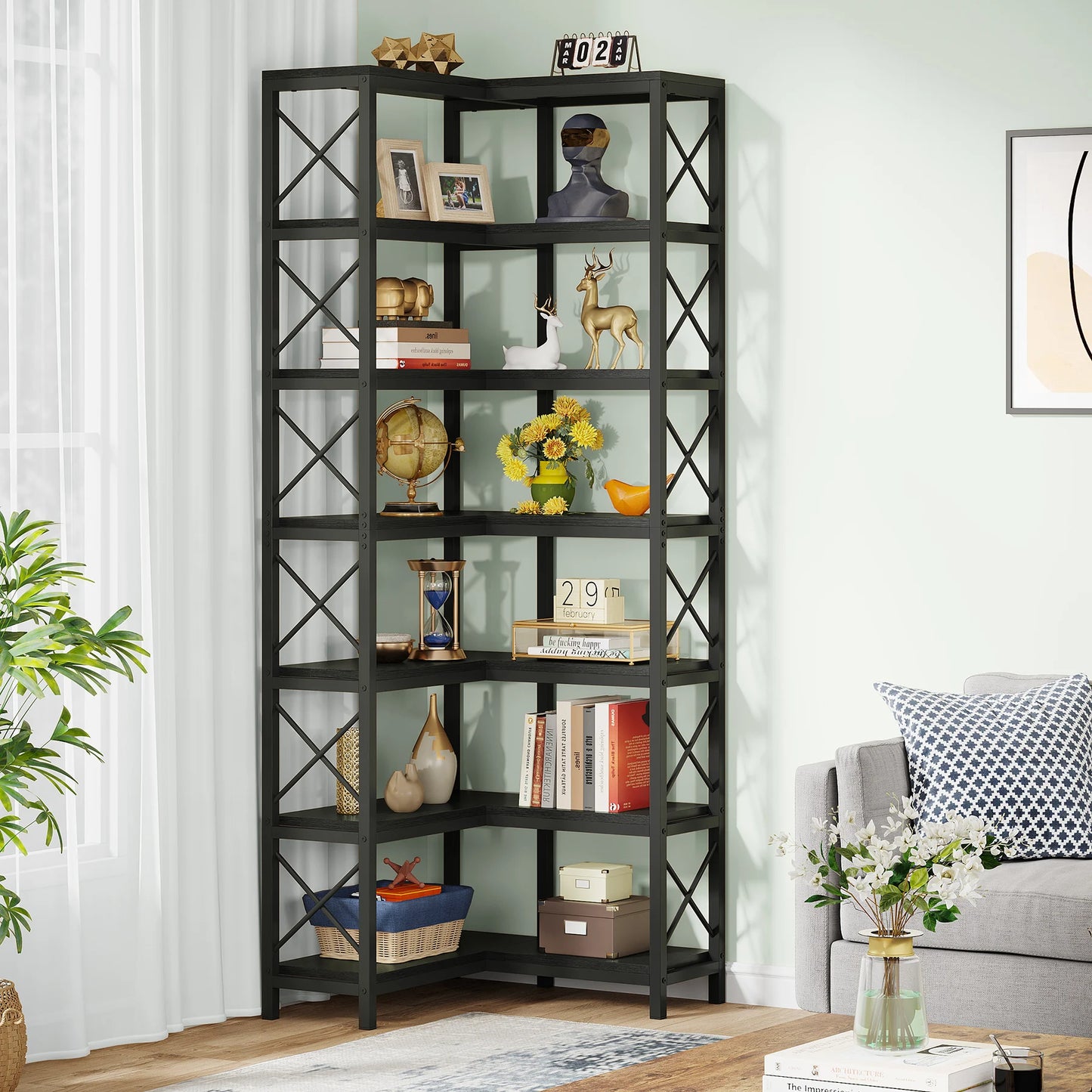 7-Shelf Corner Bookshelf,Large Modern Corner Bookcase, 7-Tier Tall Corner Shelf Storage Display Rack with Metal Frame
