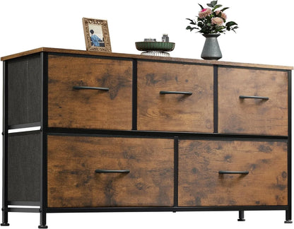 Chest of Drawers,5 Fabric Drawers Cabinet with Easy Pull Handle,Wood Top and Sturdy Steel Frame for Bedroom,Living Room