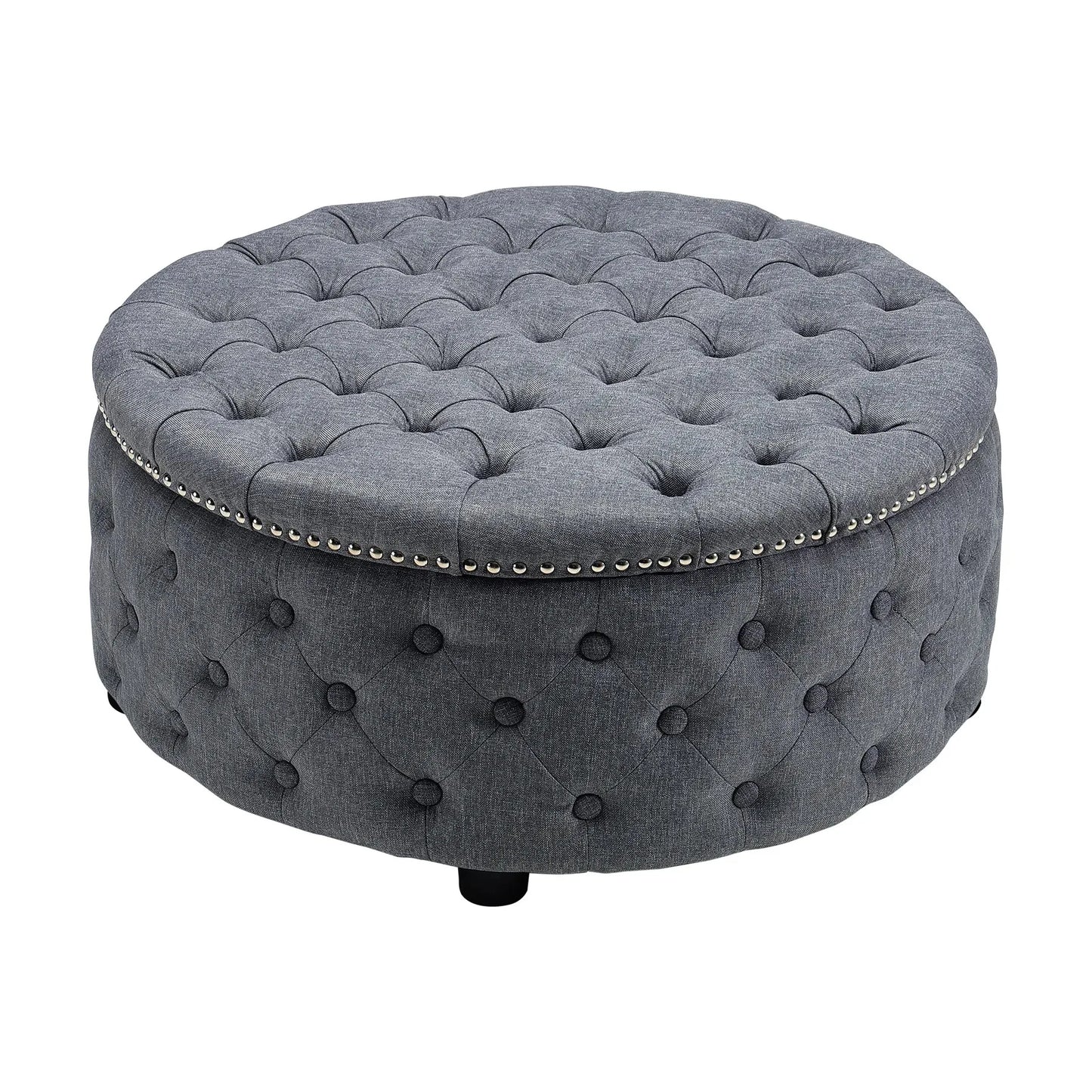 Round Linen Deep Buttoned Ottoman with Studded Edge