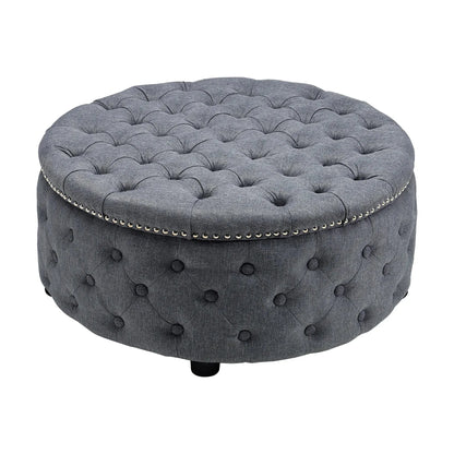 Round Linen Deep Buttoned Ottoman with Studded Edge