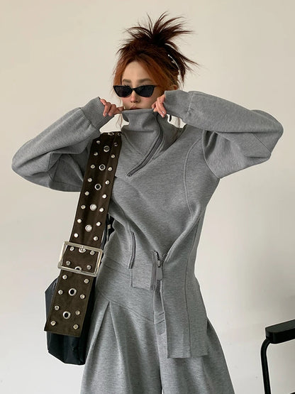 EAM Gray Irregular Zipper Spliced Sweatshirt New Stand Collar Long Sleeve Waist Women Fashion Tide Spring Autumn 2025 30A3036