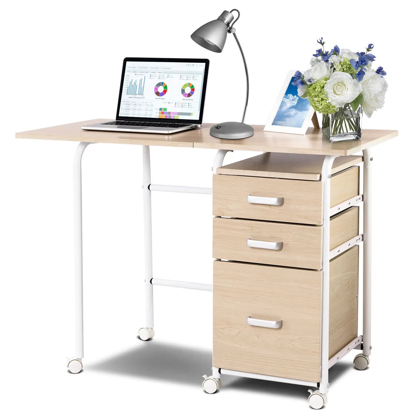 GOFLAME Folding Computer Desk Wheeled PC Laptop Table Writing Workstation with 3 Drawers