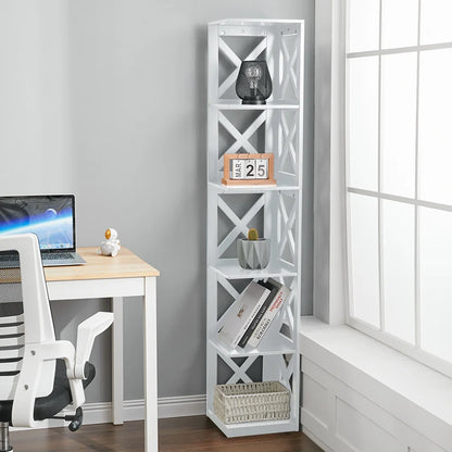 5 Tier Modern Wood Corner Standing Shelf for Living Room, White