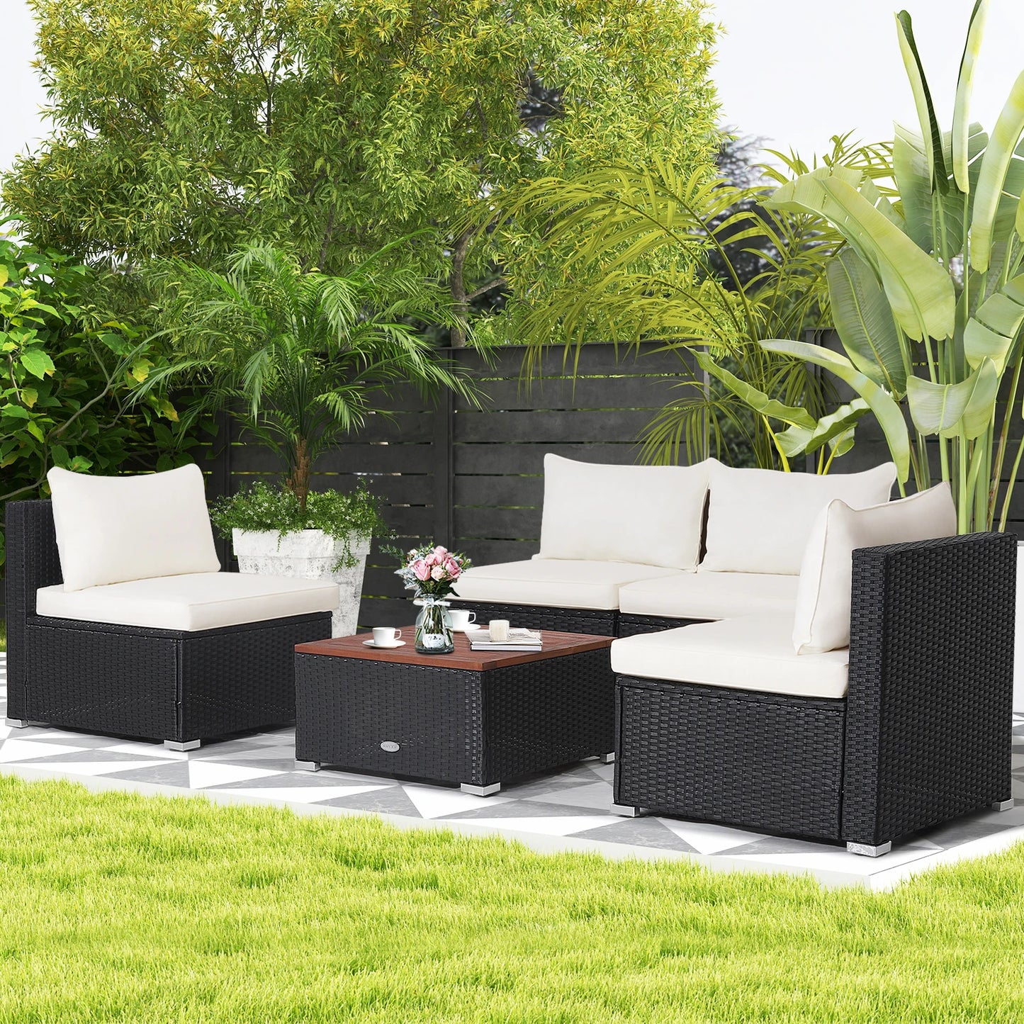 GOFLAME 5-Piece Outdoor Patio Furniture Set, Outdoor PE Wicker Conversation Set with Solid Acacia