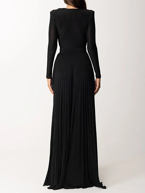 Tinaa Women Evening Dresses Belted Pleated Solid Color Split-side Long Sleeves Wrap V-neck Maxi Dresses for Ladies Party Dress