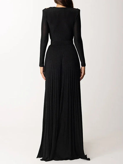 Tinaa Women Evening Dresses Belted Pleated Solid Color Split-side Long Sleeves Wrap V-neck Maxi Dresses for Ladies Party Dress