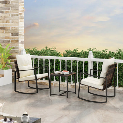 GOFLAME 3 Pieces Rocking Bistro Set, Metal Frame Wicker Rocker Chairs Set w/ Detachable Cushions