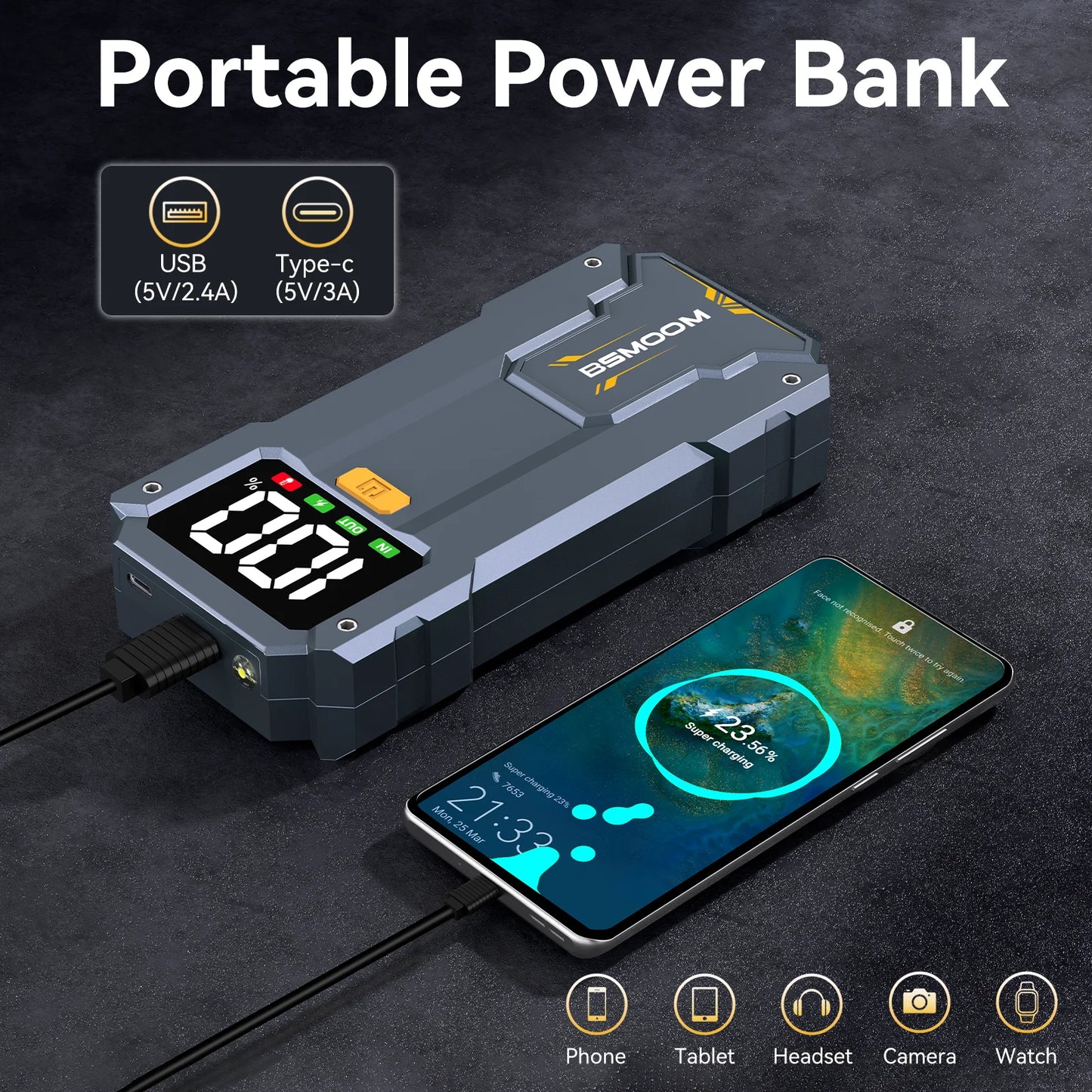 3-in-1 Car Jump Starter, 7000A Peak Lithium Starter Battery Pack, Safe 12V Portable Battery Starter Power Pack with LED Screen