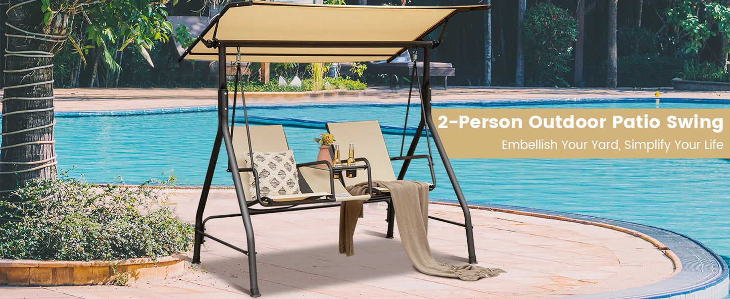 GOFLAME 2-seat Outdoor Patio Swing, Patio Loveseat Swing with Adjustable Canopy, Heavy-duty Steel Frame