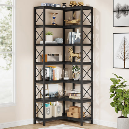 7-Shelf Corner Bookshelf,Large Modern Corner Bookcase, 7-Tier Tall Corner Shelf Storage Display Rack with Metal Frame