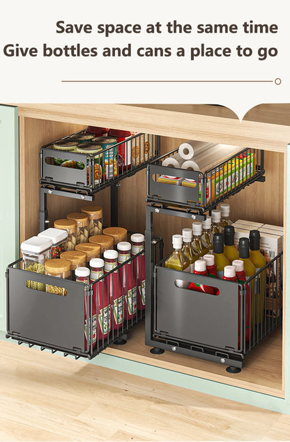 2 Tier Pull Out Cabinet Organizer Adjustable Kitchen Storage Rack Under Sink Organizer Spice Jar Storage Rack Slide Out Drawer