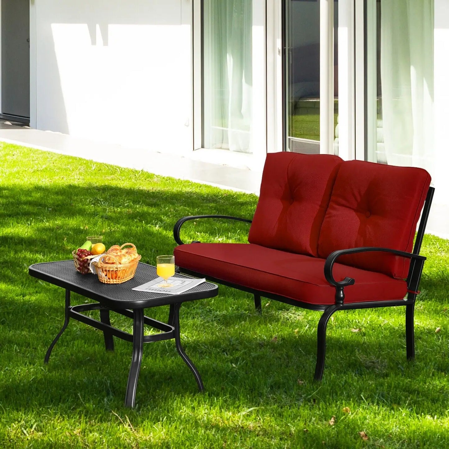 GOFLAME 2PCS Outdoor Conversation Set Patio Loveseat Bench &Coffee Table Soft Cushion
