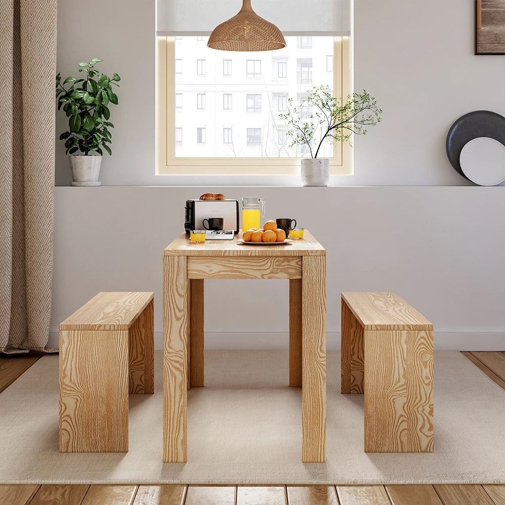 Set of 3 Modern Dining Room Table and Benches for Living Room Garden Kitchen Bedroom
