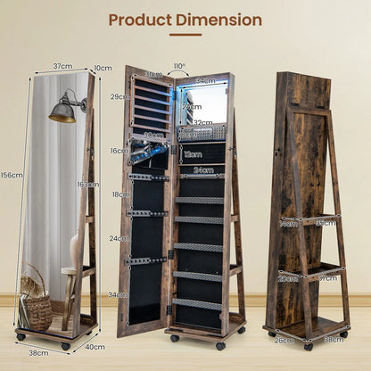 GOFLAME 360° Rotating Jewelry Armoire Full Length Mirrored Freestanding Makeup Cabinet