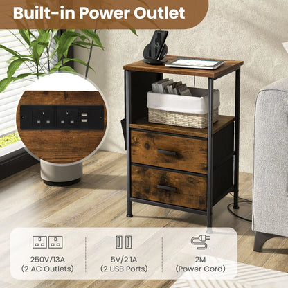 GOFLAME Set of 2 Nightstand with Charging Station Industrial Bedside Table W/ 2 Drawers