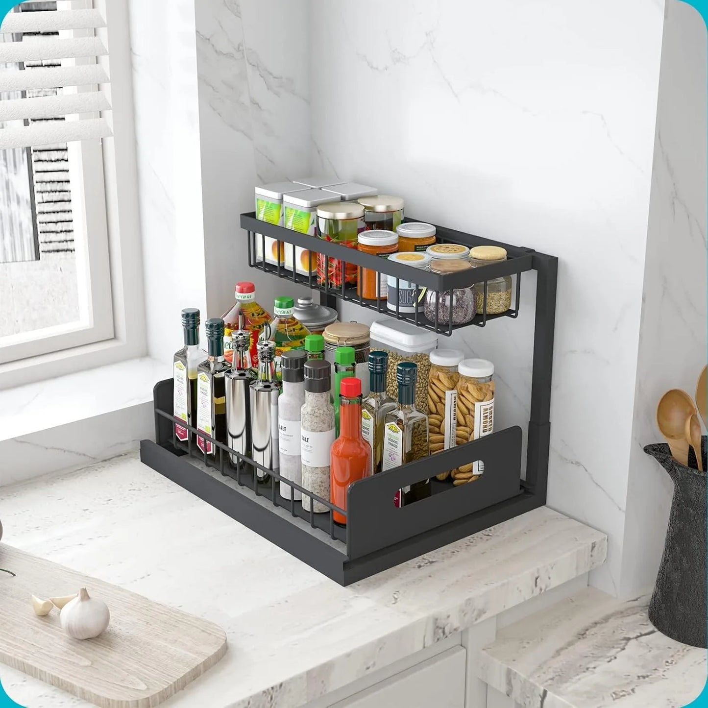 Under Sink Organizer Metal Pull Out Cabinet Organizer Spice Rack Kitchen Bathroom Organizers and Storage with Sliding Drawer