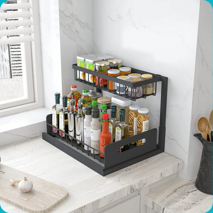 Under Sink Organizer Metal Pull Out Cabinet Organizer Spice Rack Kitchen Bathroom Organizers and Storage with Sliding Drawer