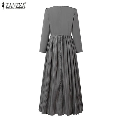 Autumn Pleated Sundress ZANZEA Spring Patchwork Maxi Dresses Women Long Sleeve Party Work Dress Fashion Casual Holiday Robe 2024